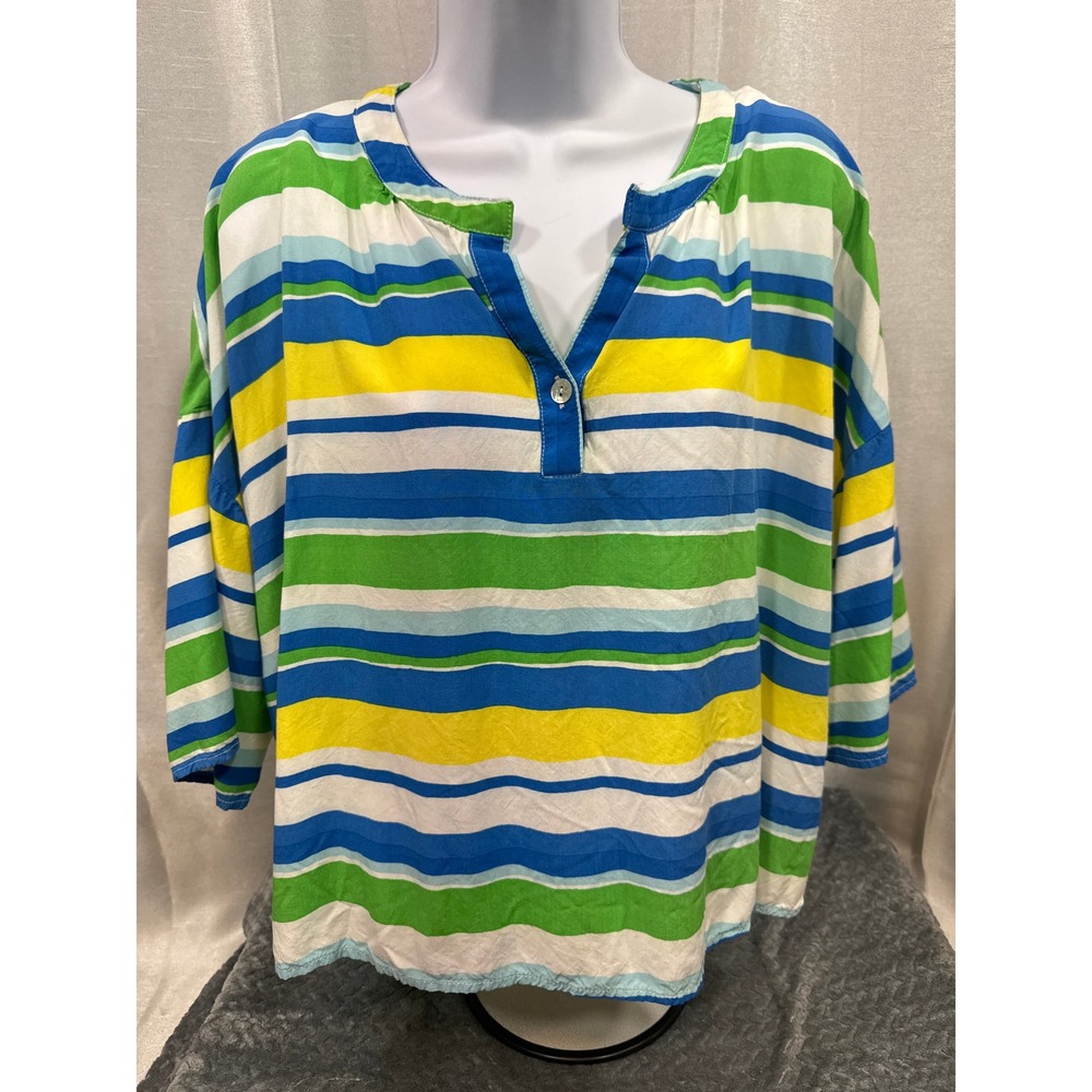 Ruby Rd Petite PXL Striped Rayon Blouse Blue Green Yellow 3/4 Sleeve Top